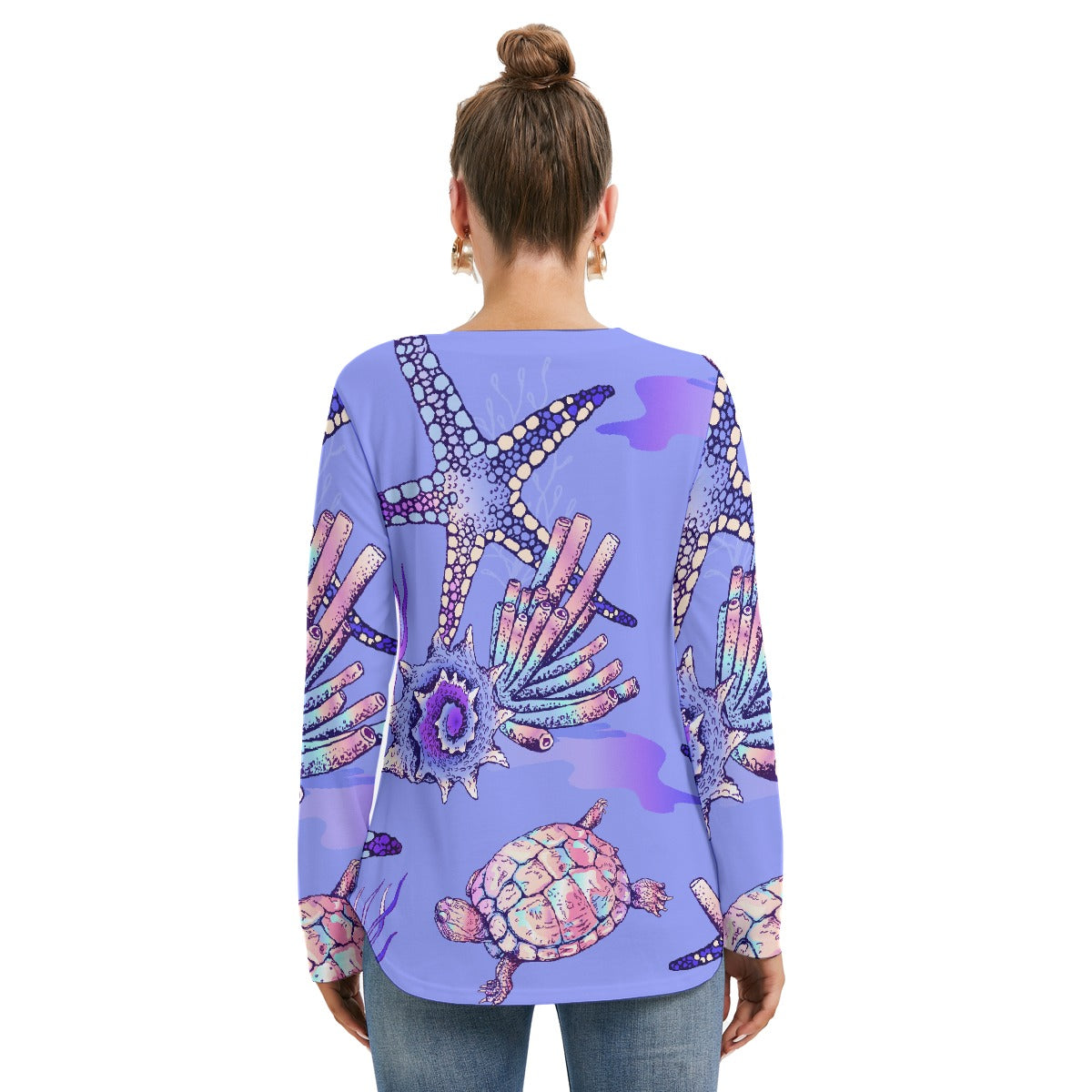 All-Over Print Women's Long Sleeve Neckline Tie Sweatshirt