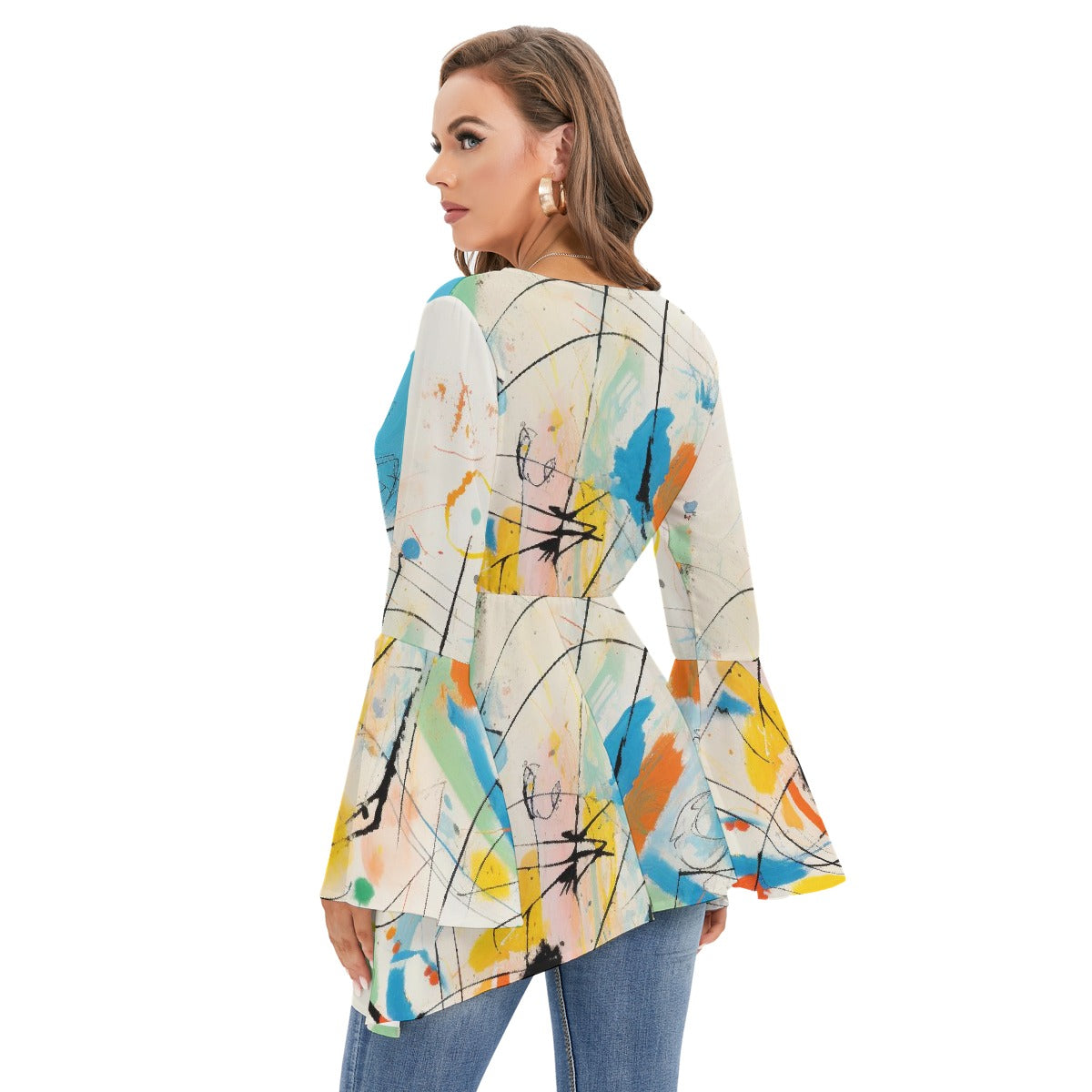 All-Over Print Women's V-neck Blouse With Flared Sleeves