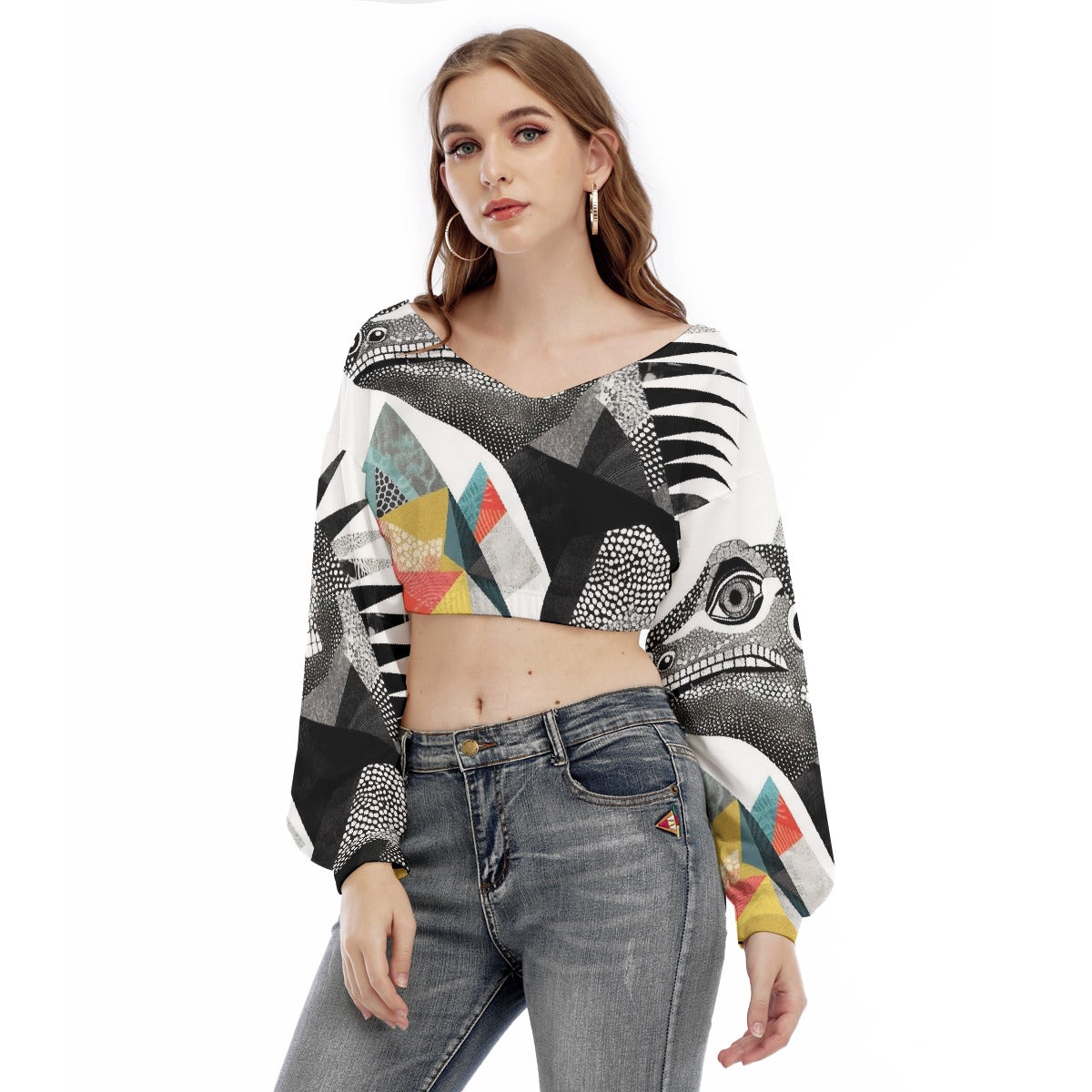 All-Over Print Women's V-neck Long Sleeve Cropped Sweatshirt