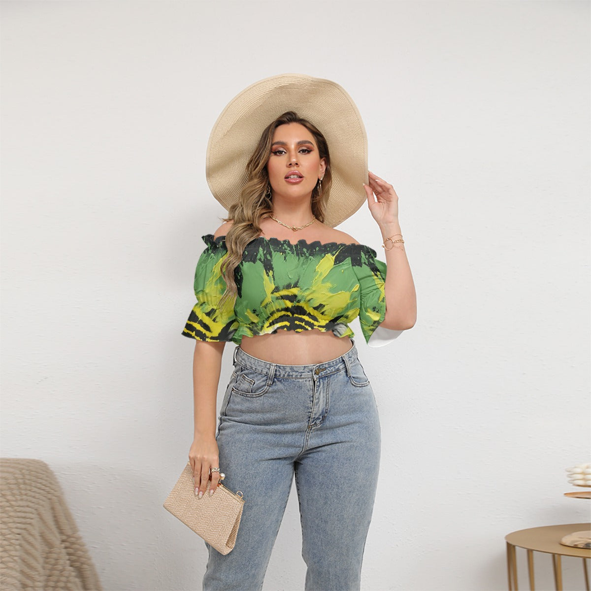 All-Over Print Women's Off-shoulder Cropped Top With Short Puff Sleeve