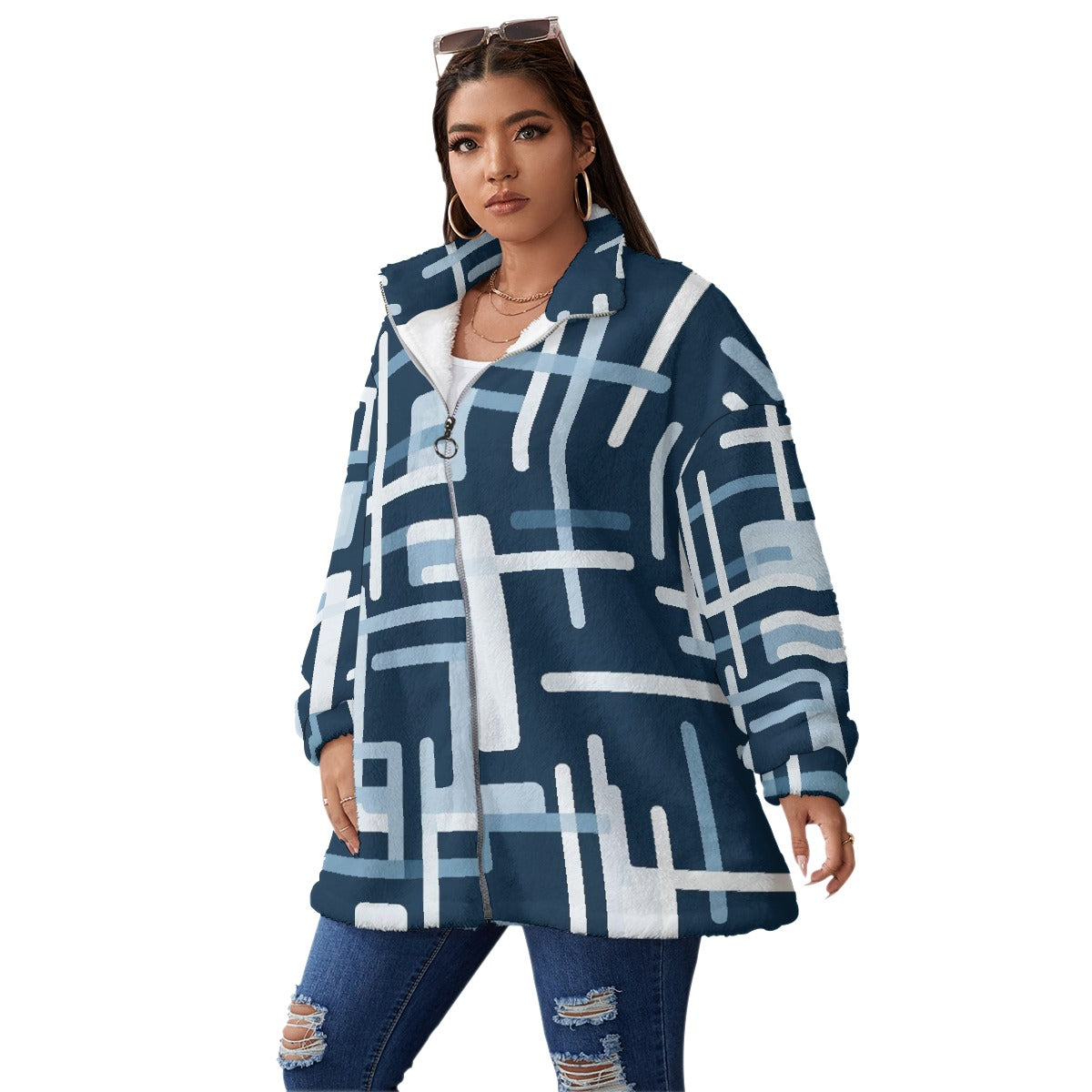 All-Over Print Unisex Borg Fleece Stand-up Collar Coat With Zipper Closure(Plus Size)