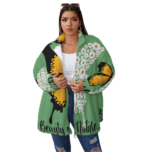 All-Over Print Unisex Borg Fleece Stand-up Collar Coat With Zipper Closure(Plus Size)