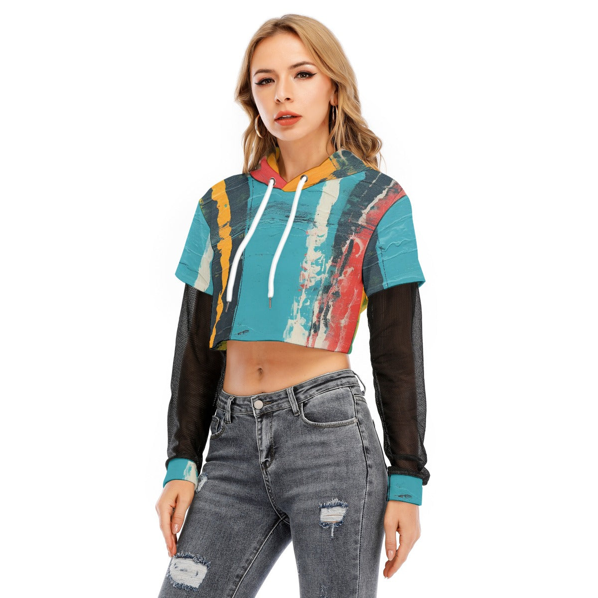 All-Over Print Women's Fake Two-piece Mesh Sleeve Cropped Hoodie