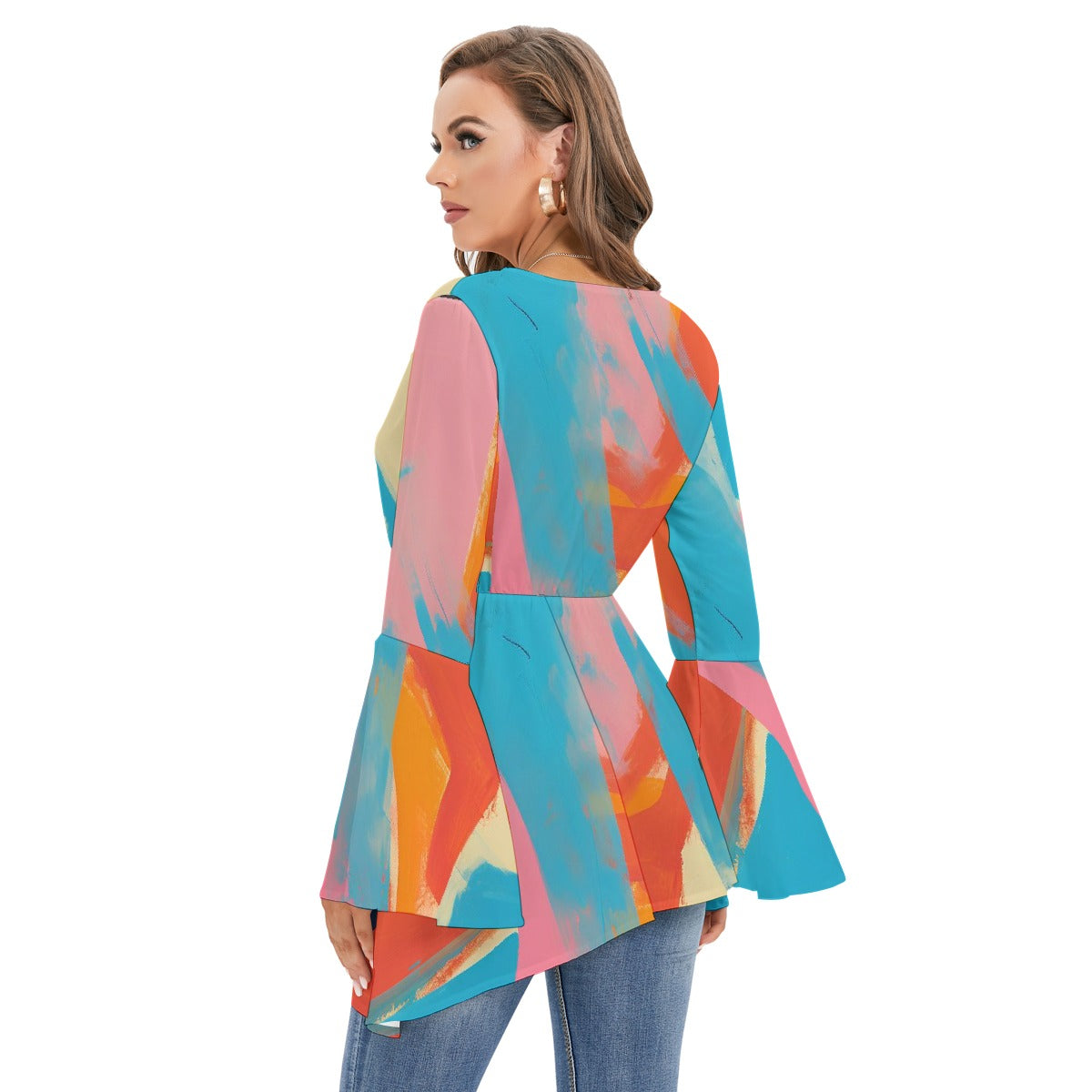 All-Over Print Women's V-neck Blouse With Flared Sleeves