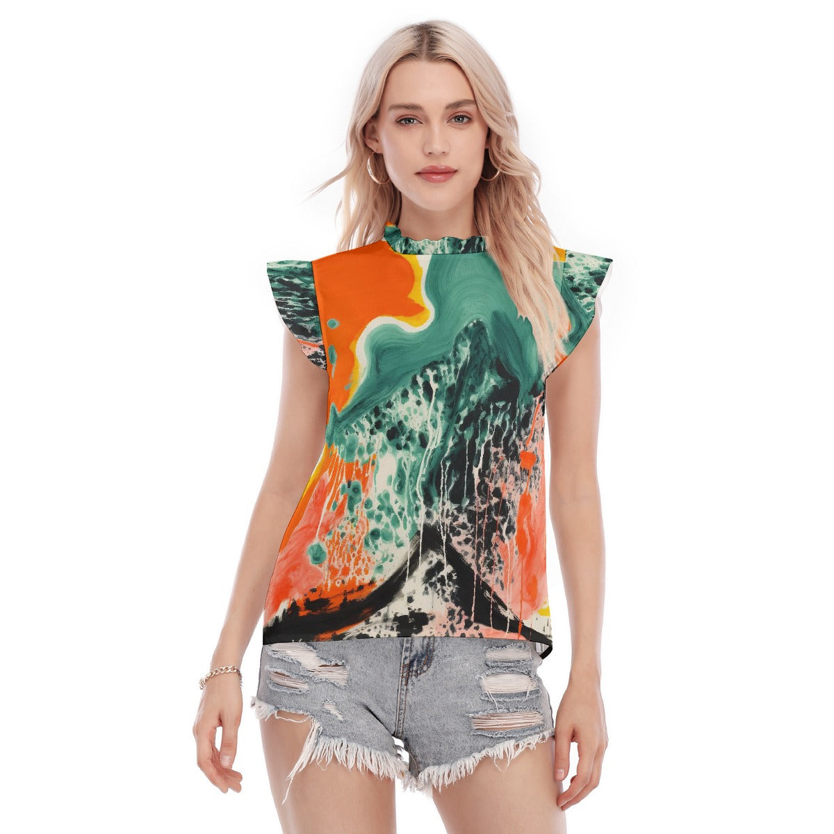 All-Over Print Women's Blouse With Ruffle Collar And Sleeve