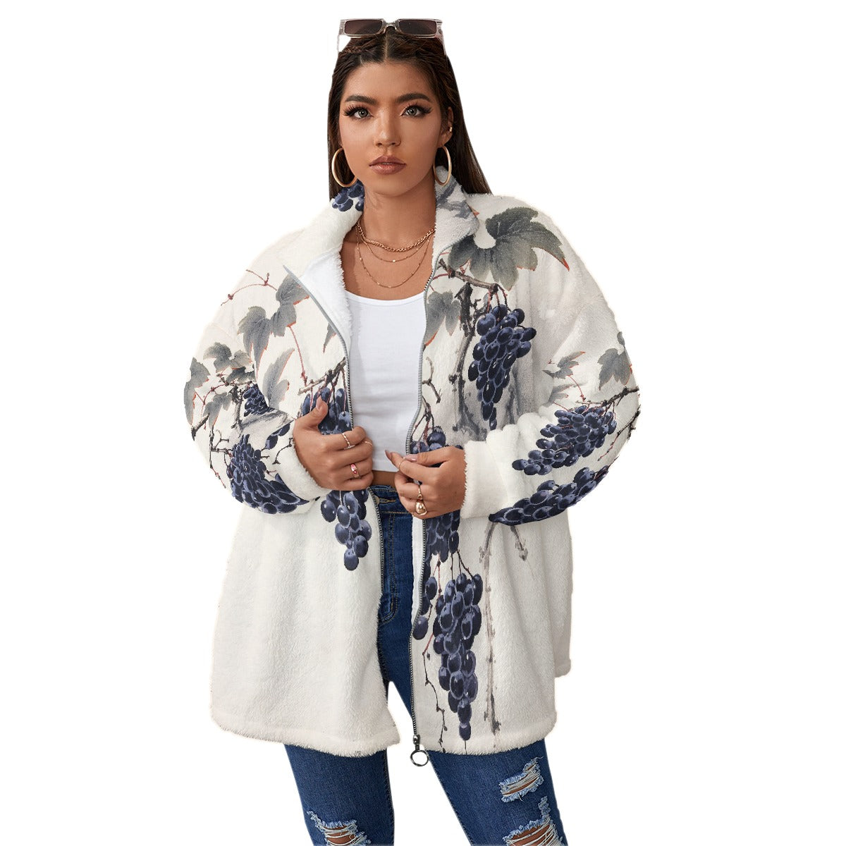 All-Over Print Unisex Borg Fleece Stand-up Collar Coat With Zipper Closure(Plus Size)