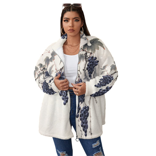 All-Over Print Unisex Borg Fleece Stand-up Collar Coat With Zipper Closure(Plus Size)
