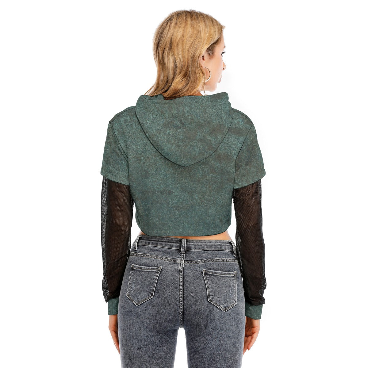 All-Over Print Women's Fake Two-piece Mesh Sleeve Cropped Hoodie