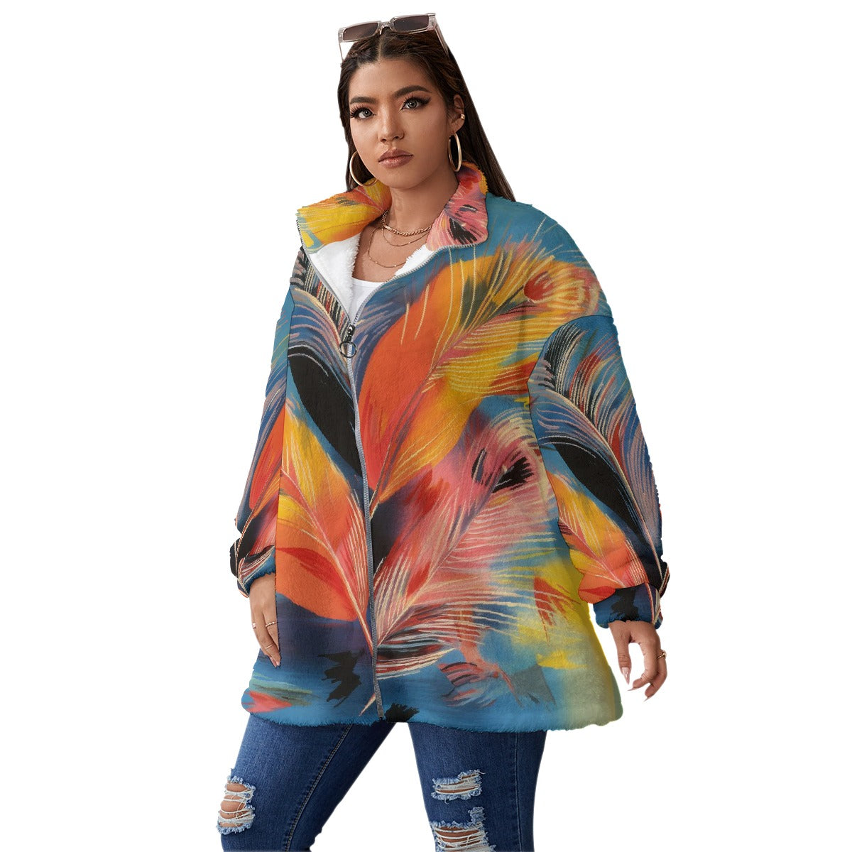 All-Over Print Unisex Borg Fleece Stand-up Collar Coat With Zipper Closure(Plus Size)