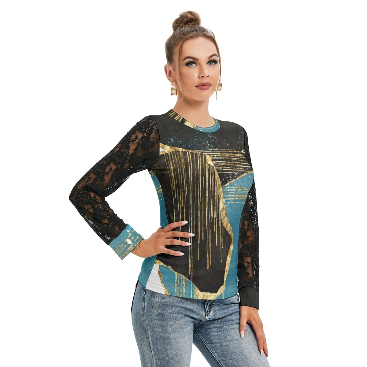 All-Over Print Women's T-shirt And Sleeve With Black Lace