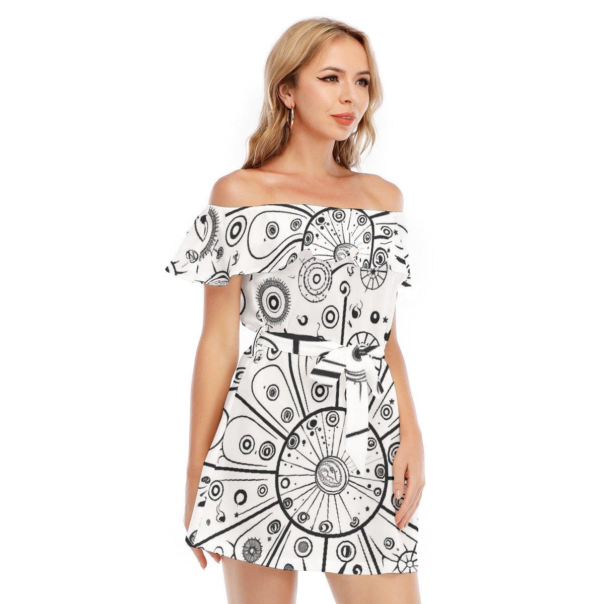 All-Over Print Women's Off-shoulder Dress With Ruffle