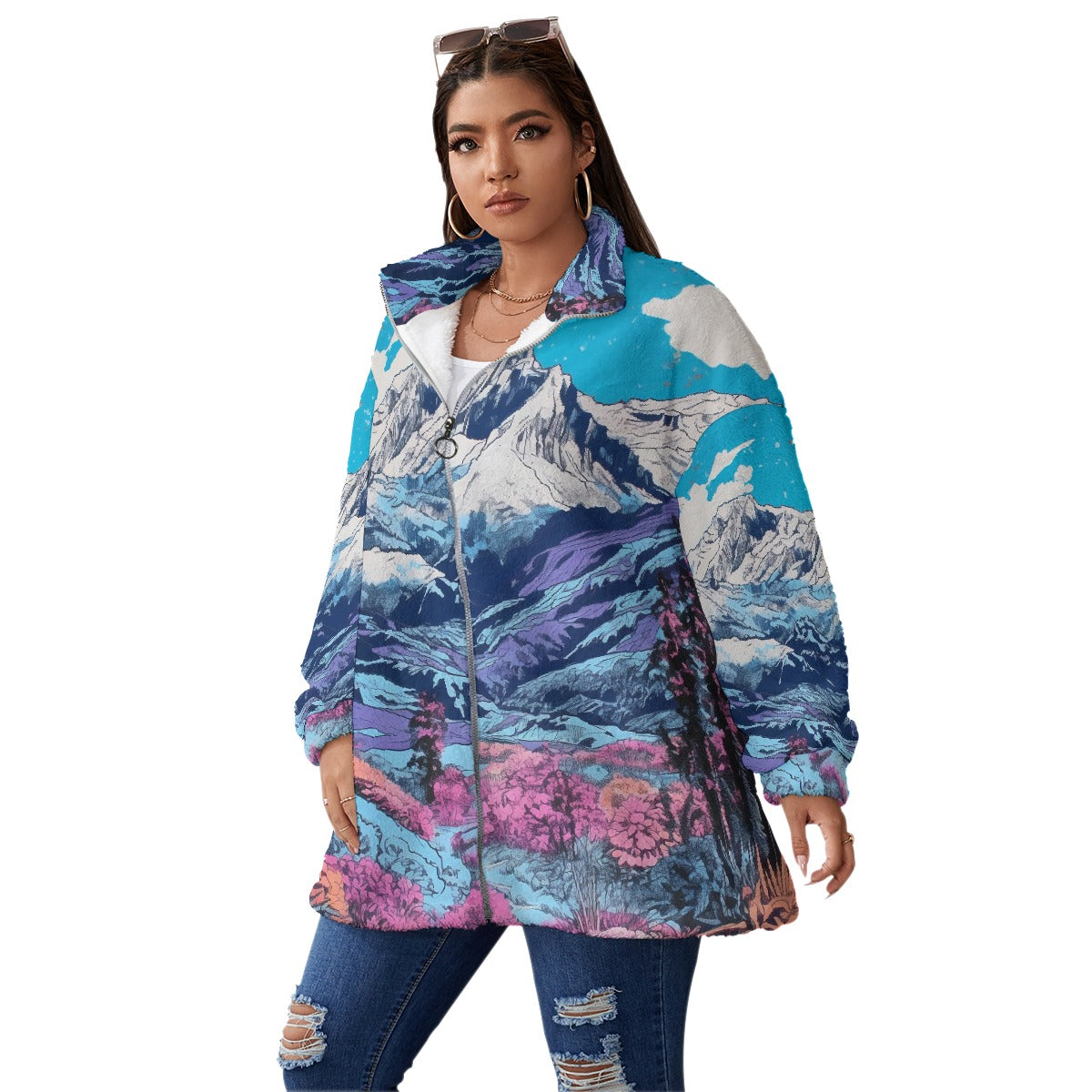All-Over Print Unisex Borg Fleece Stand-up Collar Coat With Zipper Closure(Plus Size)