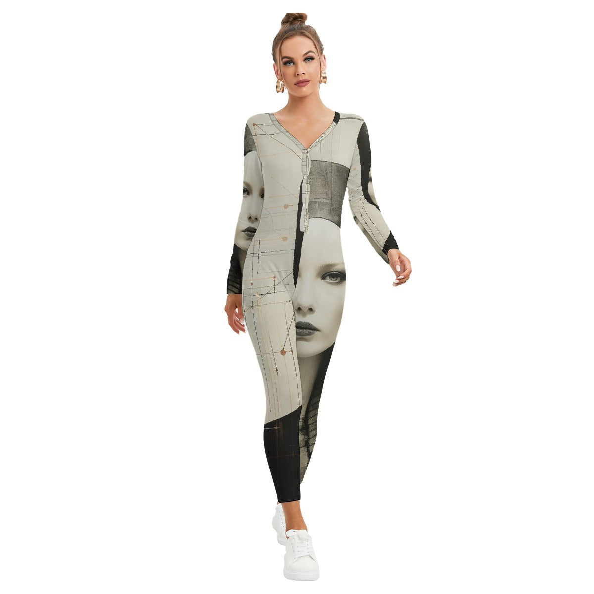 All-Over Print Women's Plunging Neck Jumpsuit