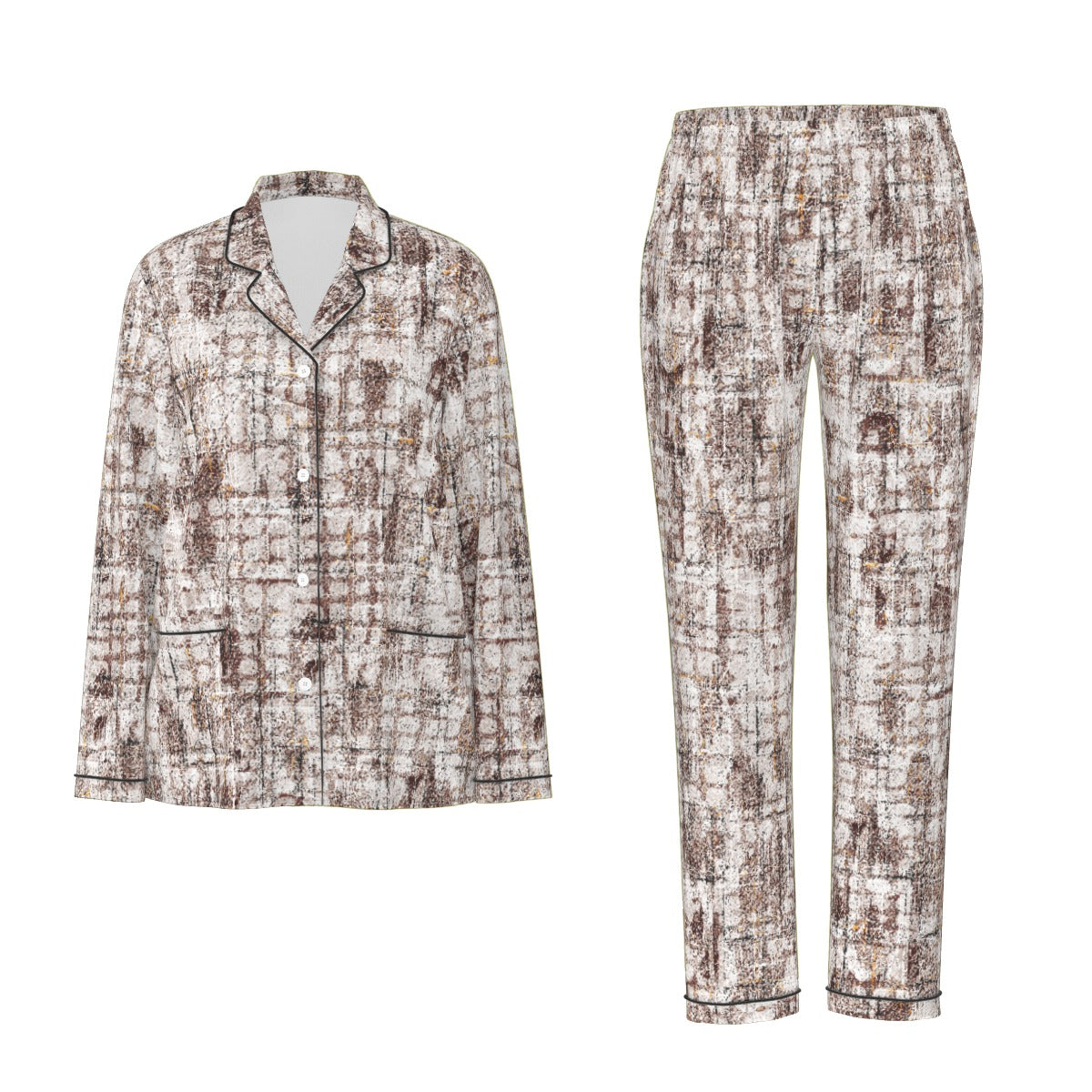 All-Over Print Women's Long Sleeve Pajama Set With Black Contrast Piping