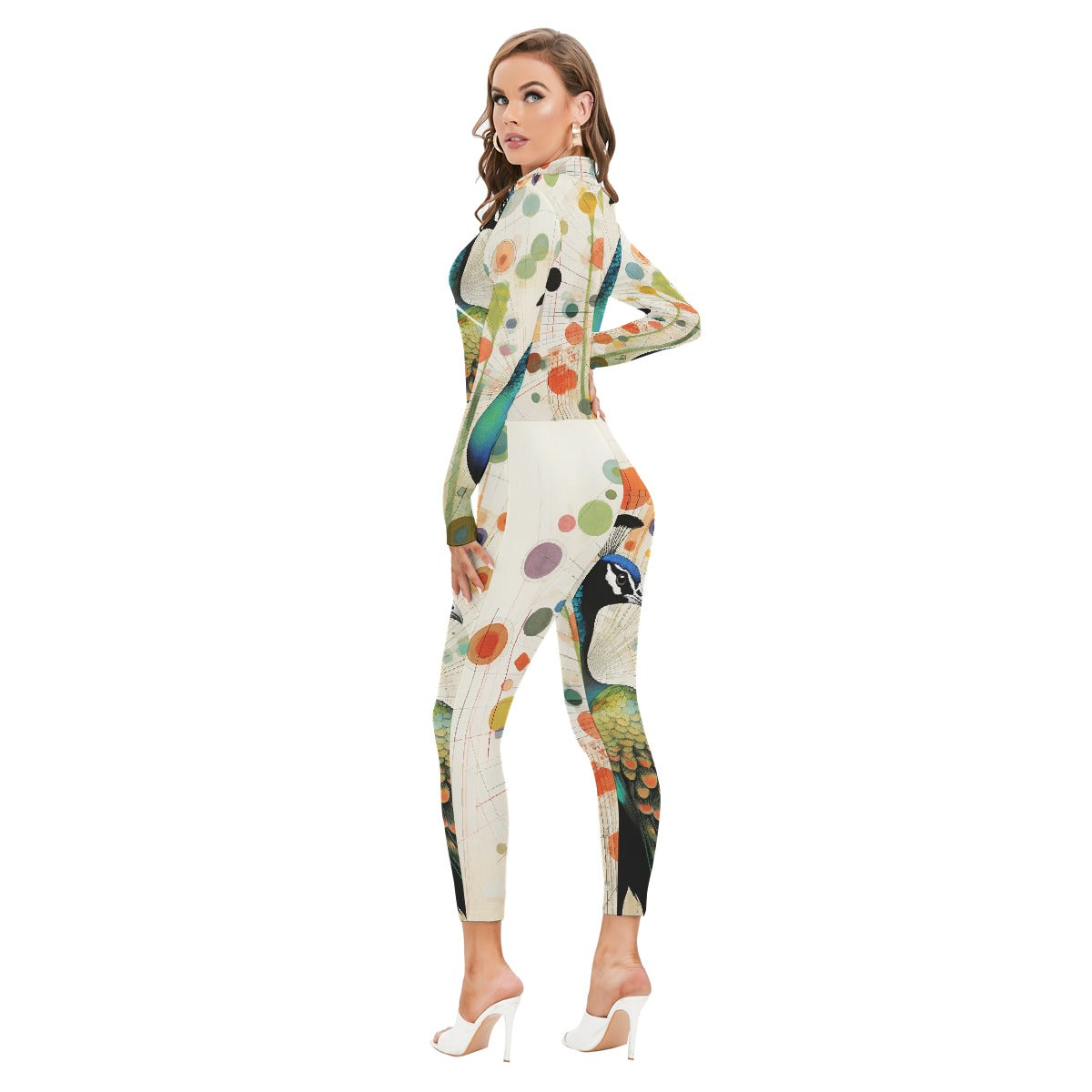 All-Over Print Women's Long-sleeved High-neck Jumpsuit With Zipper