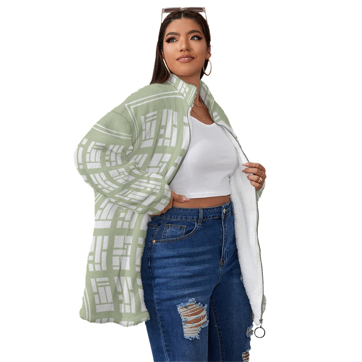 All-Over Print Unisex Borg Fleece Stand-up Collar Coat With Zipper Closure(Plus Size)