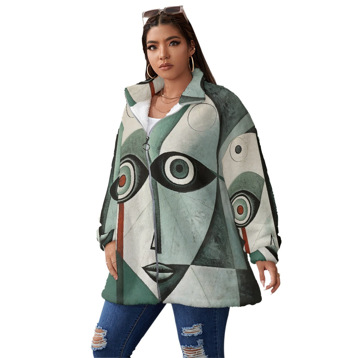 All-Over Print Unisex Borg Fleece Stand-up Collar Coat With Zipper Closure(Plus Size)