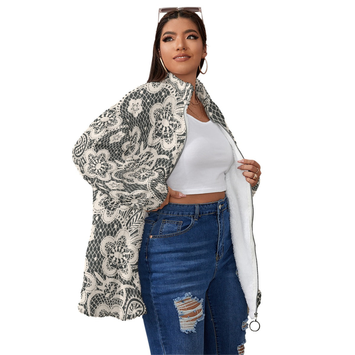 All-Over Print Unisex Borg Fleece Stand-up Collar Coat With Zipper Closure(Plus Size)