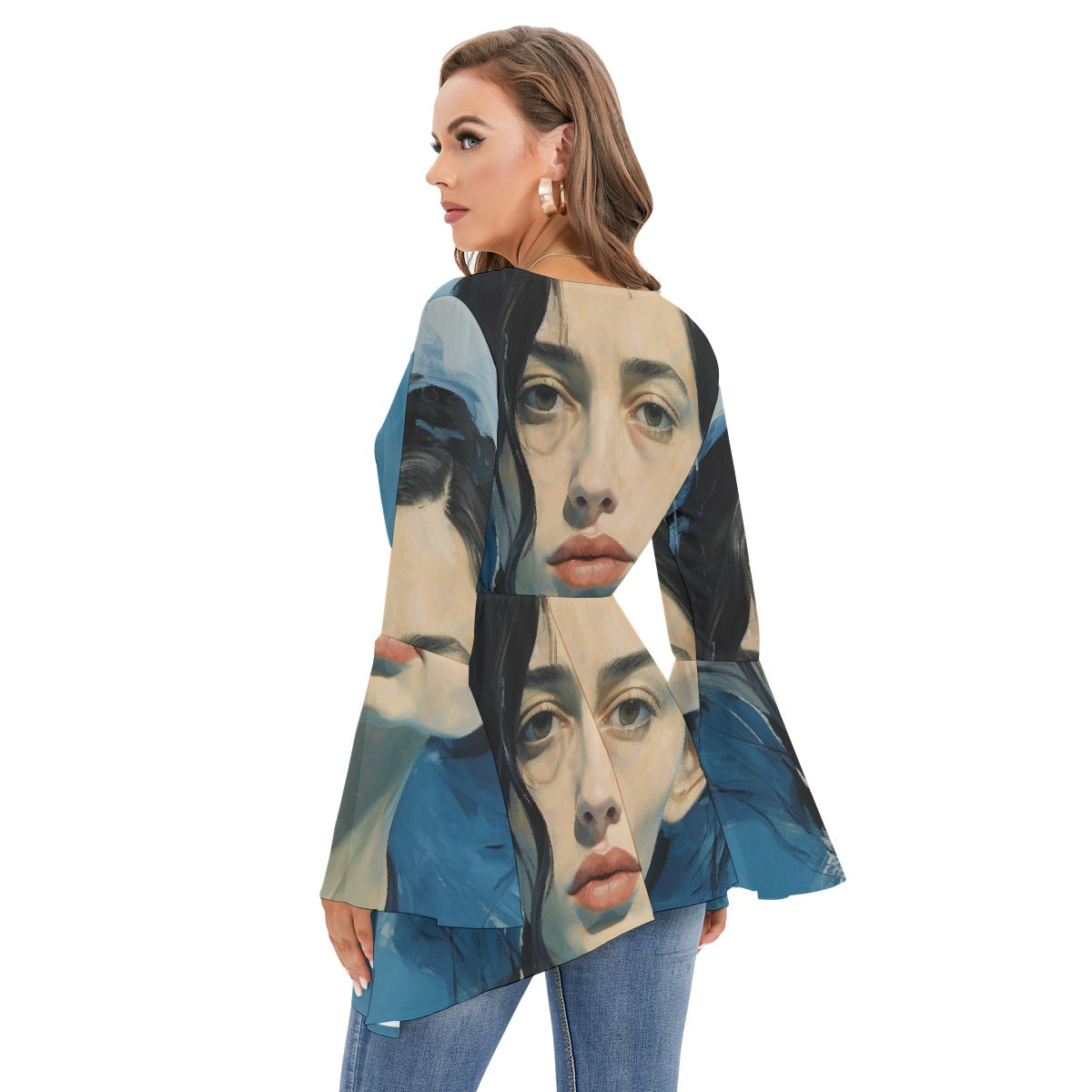 All-Over Print Women's V-neck Blouse With Flared Sleeves