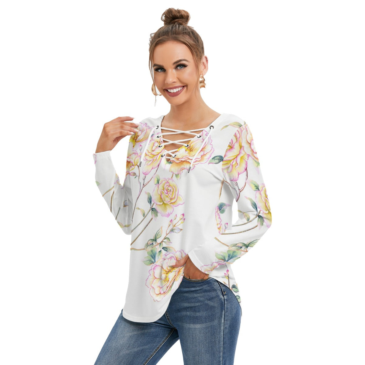 All-Over Print Women's Long Sleeve Neckline Tie Sweatshirt