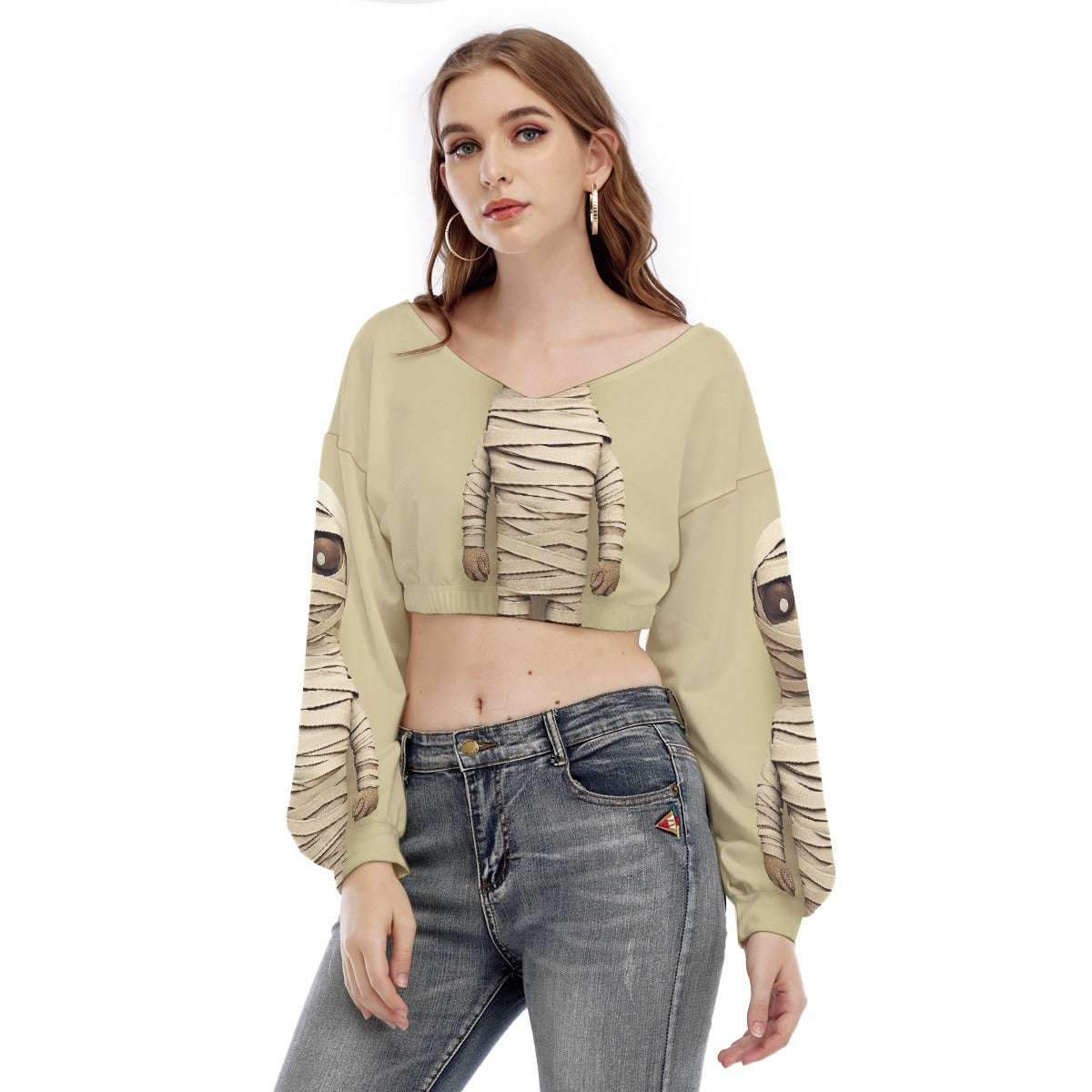 All-Over Print Women's V-neck Long Sleeve Cropped Sweatshirt
