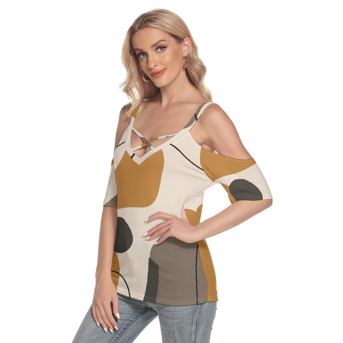 All-Over Print Women's Cold Shoulder T-shirt With Criss Cross Strips