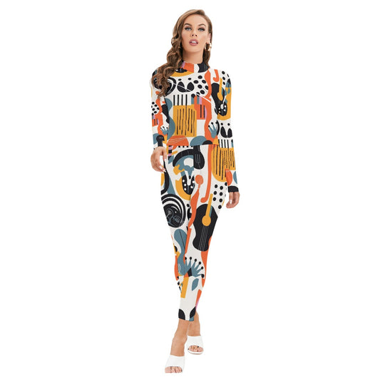 All-Over Print Women's Long-sleeved High-neck Jumpsuit With Zipper