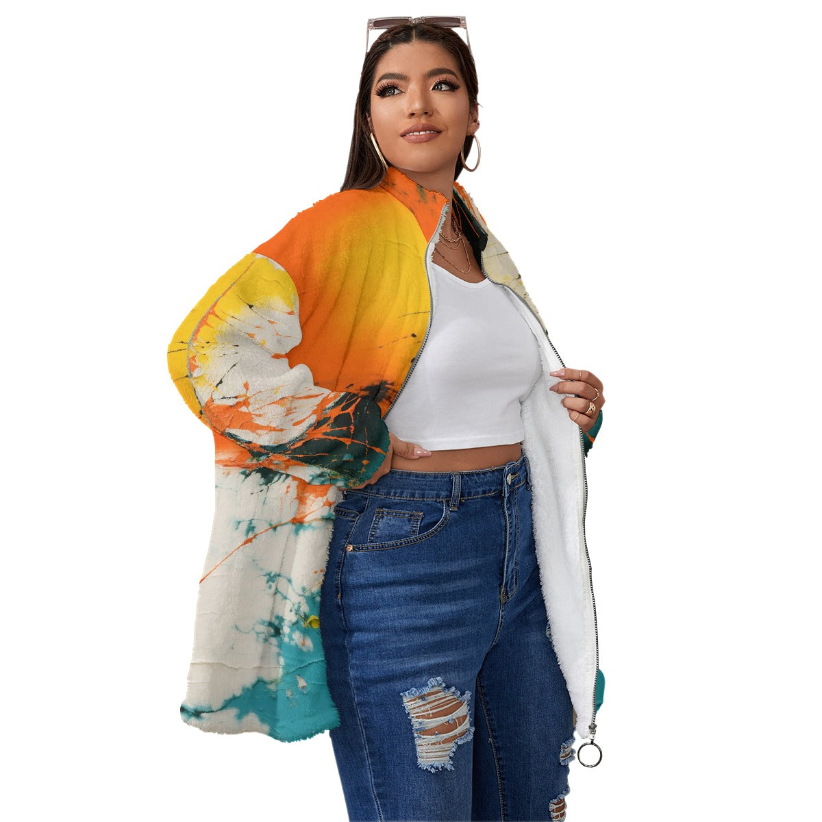 All-Over Print Unisex Borg Fleece Stand-up Collar Coat With Zipper Closure(Plus Size)