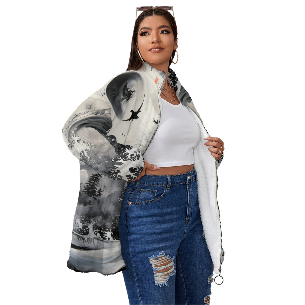 All-Over Print Unisex Borg Fleece Stand-up Collar Coat With Zipper Closure(Plus Size)