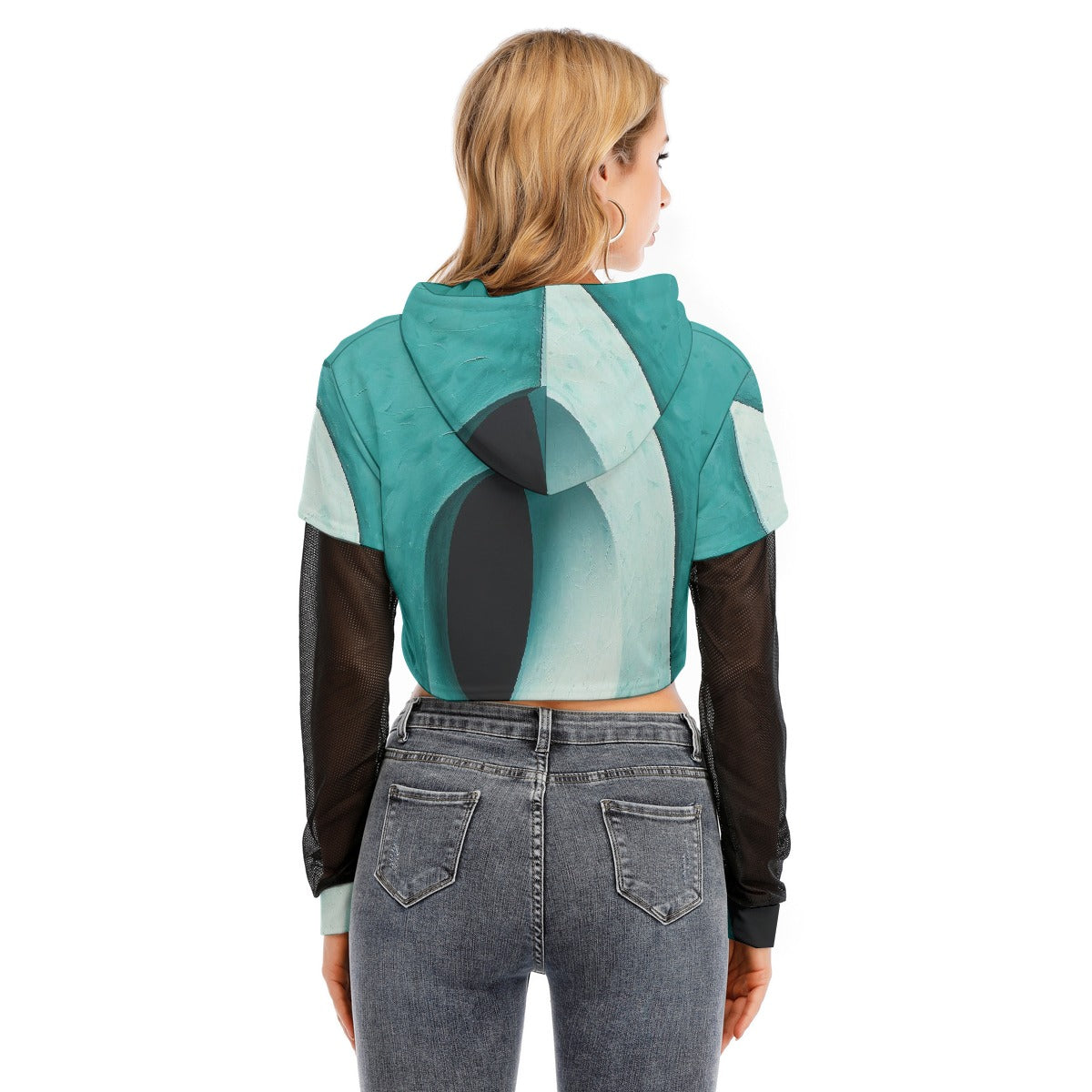 All-Over Print Women's Fake Two-piece Mesh Sleeve Cropped Hoodie