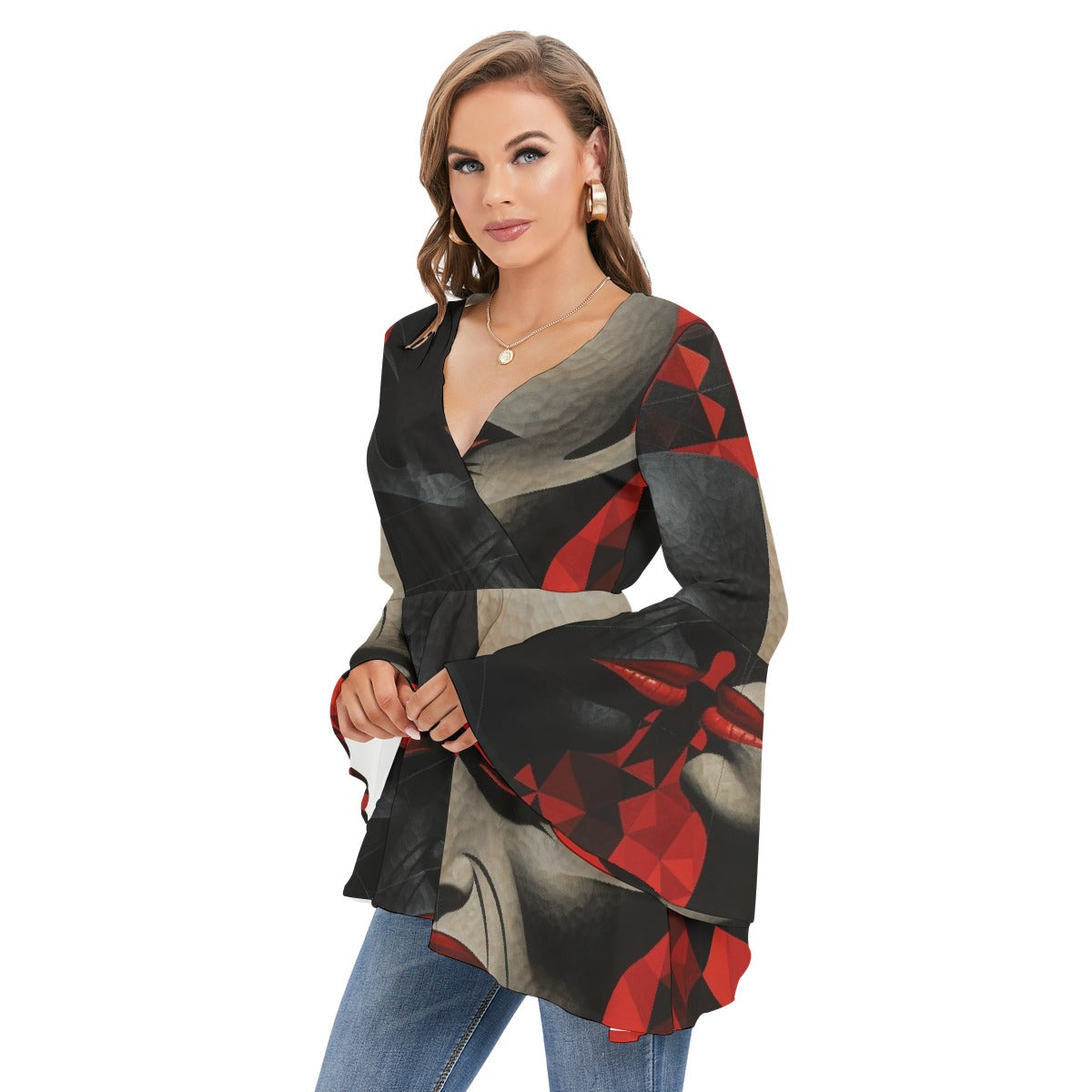 All-Over Print Women's V-neck Blouse With Flared Sleeves