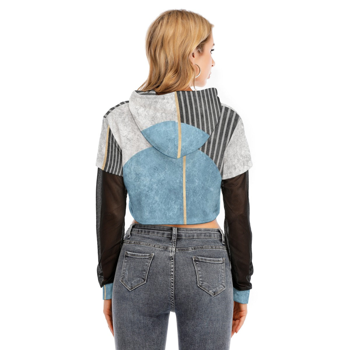All-Over Print Women's Fake Two-piece Mesh Sleeve Cropped Hoodie