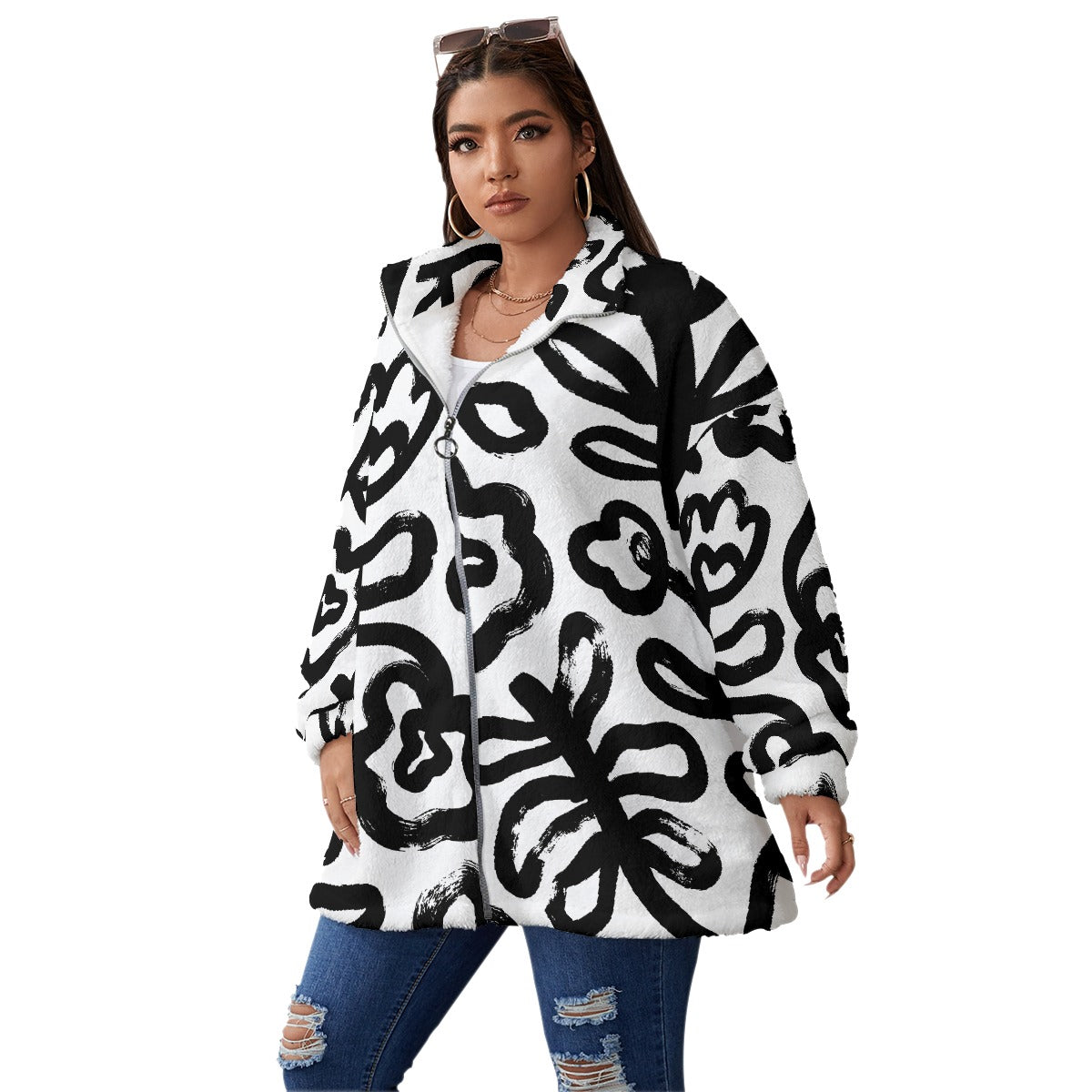 All-Over Print Unisex Borg Fleece Stand-up Collar Coat With Zipper Closure(Plus Size)
