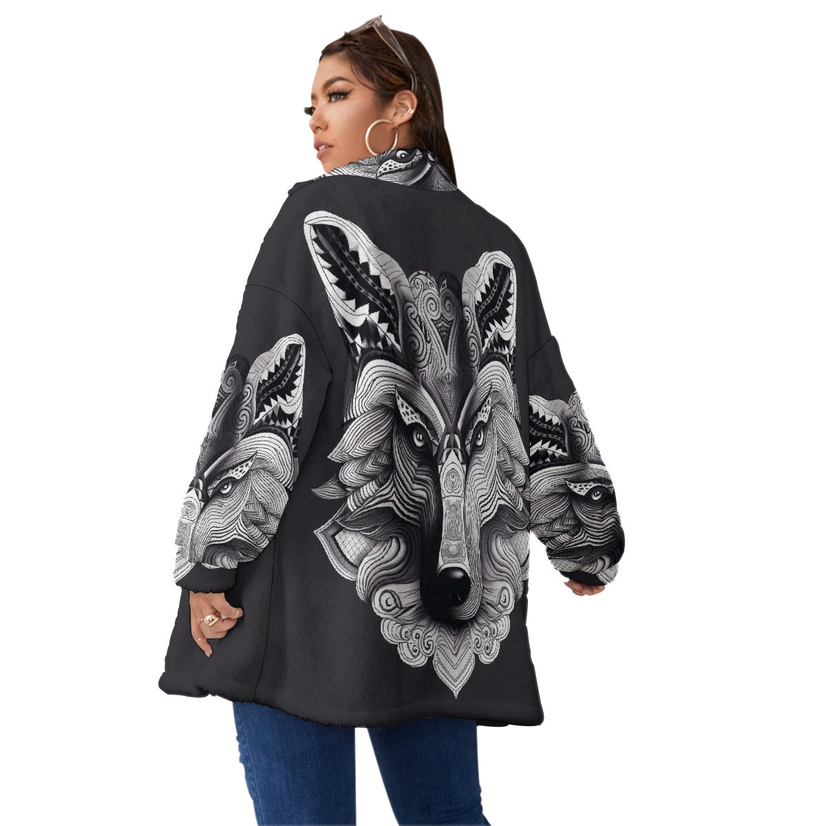 All-Over Print Unisex Borg Fleece Stand-up Collar Coat With Zipper Closure(Plus Size)