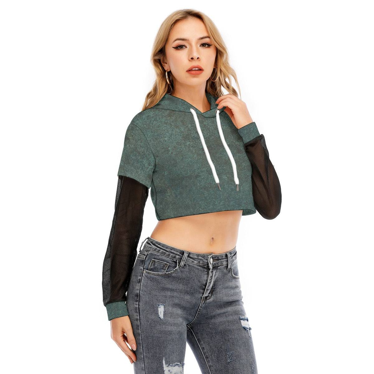 All-Over Print Women's Fake Two-piece Mesh Sleeve Cropped Hoodie