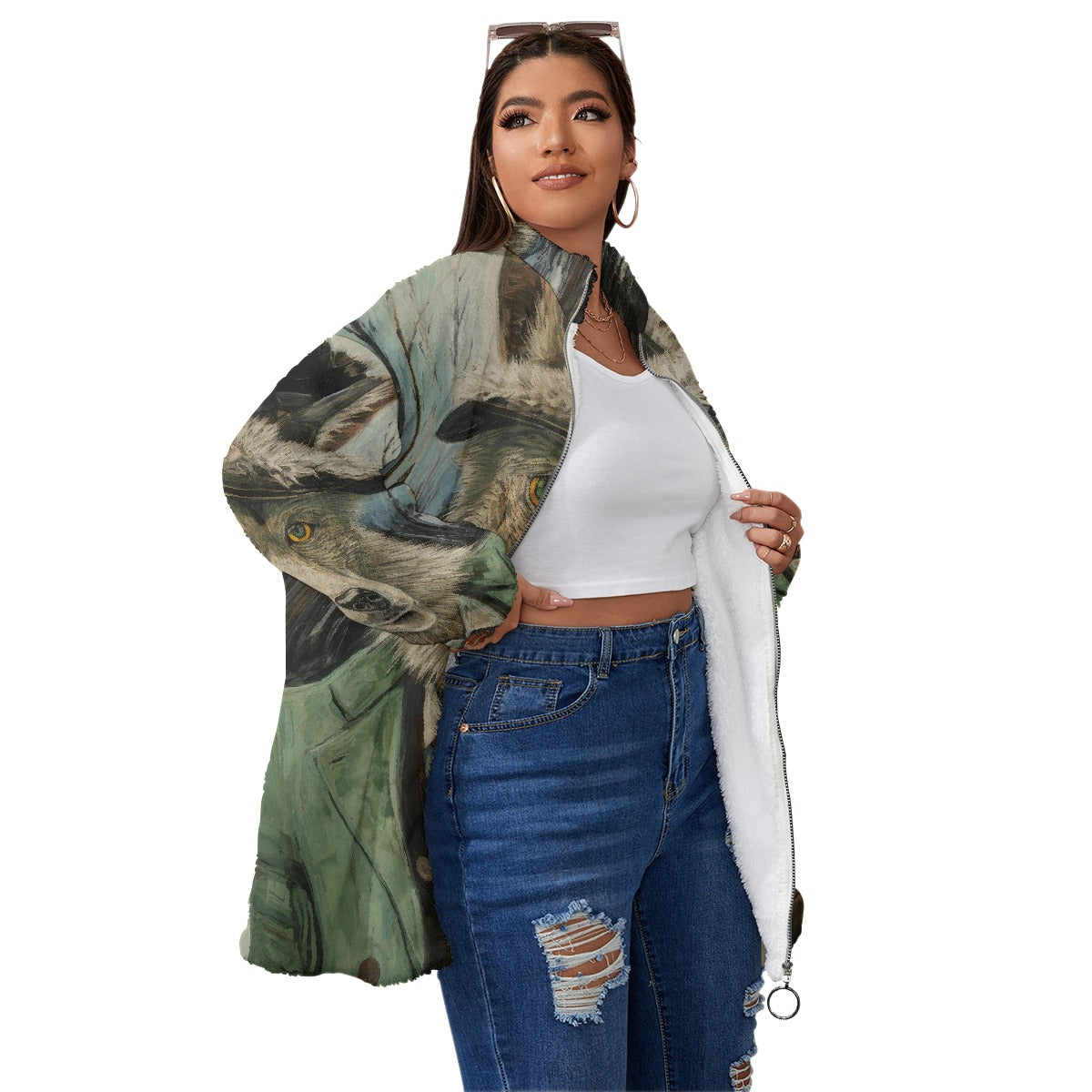 All-Over Print Unisex Borg Fleece Stand-up Collar Coat With Zipper Closure(Plus Size)