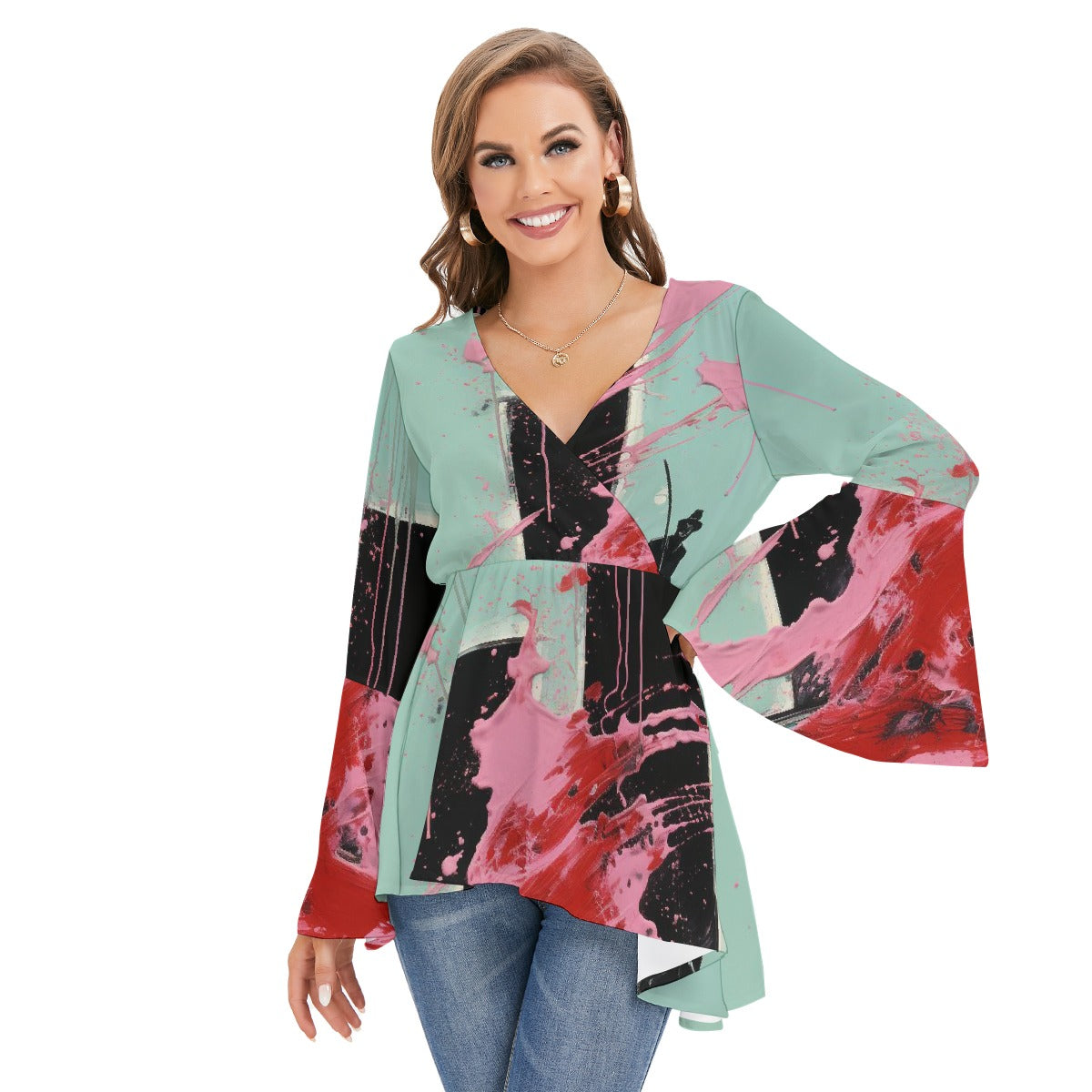 All-Over Print Women's V-neck Blouse With Flared Sleeves