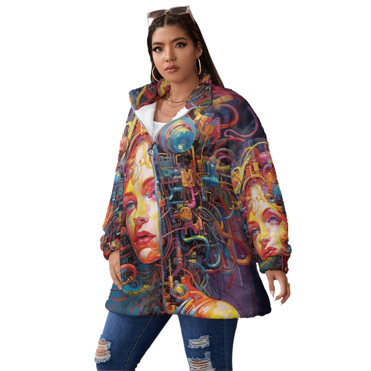 All-Over Print Unisex Borg Fleece Stand-up Collar Coat With Zipper Closure(Plus Size)