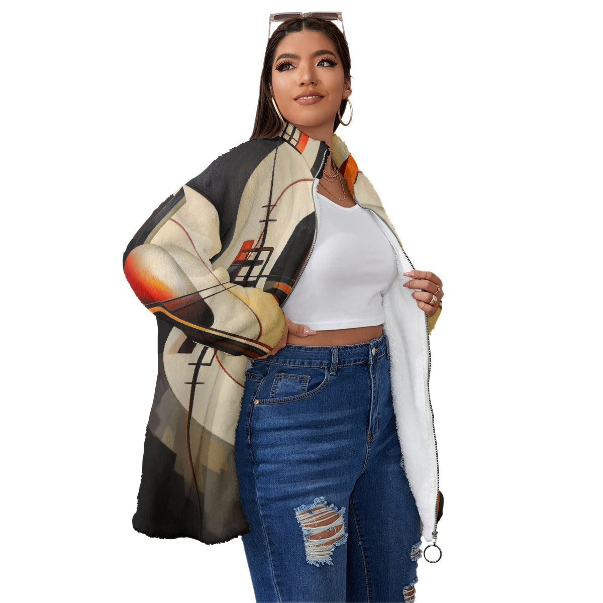 All-Over Print Unisex Borg Fleece Stand-up Collar Coat With Zipper Closure(Plus Size)