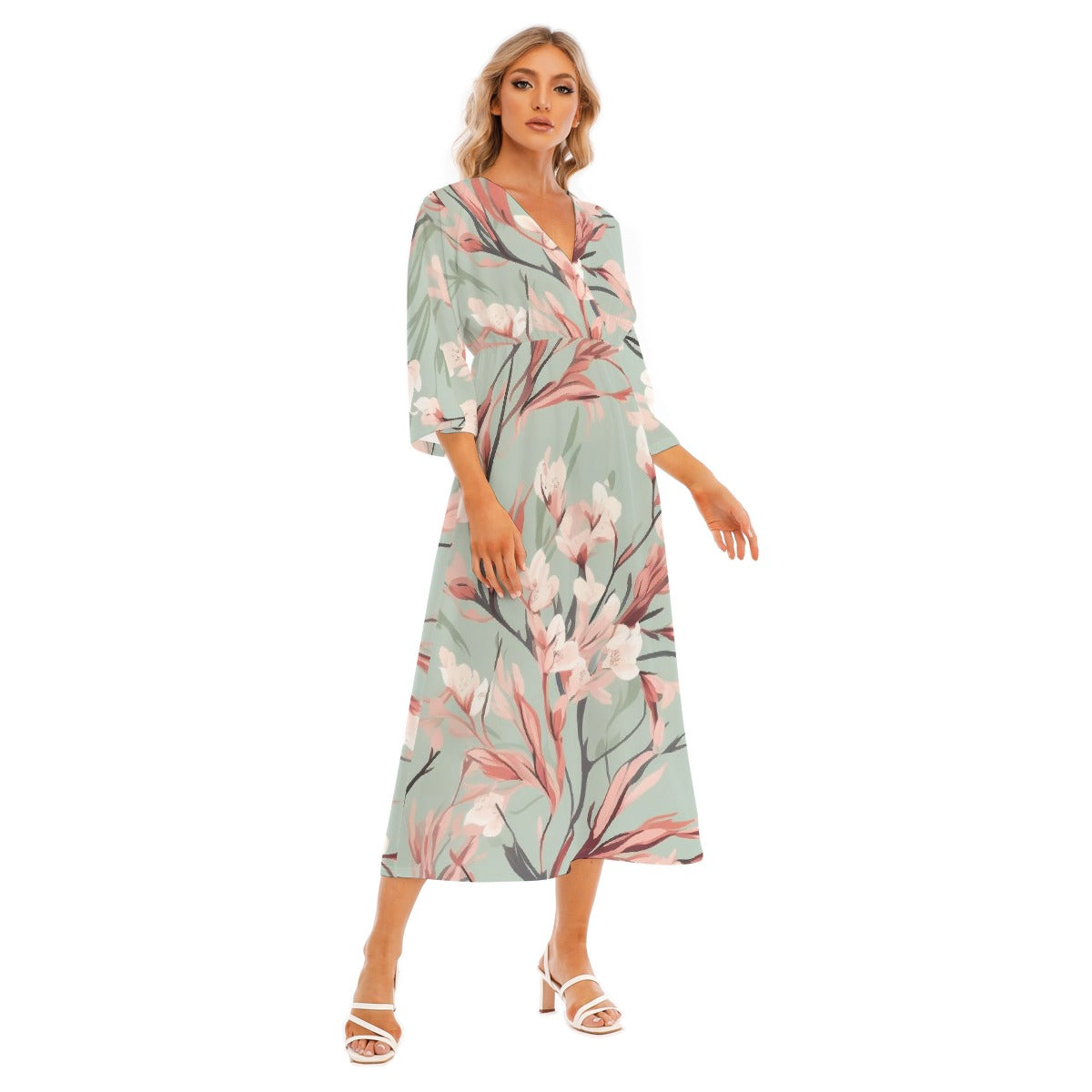 All-Over Print Women's Mid-Sleeve Long Dress