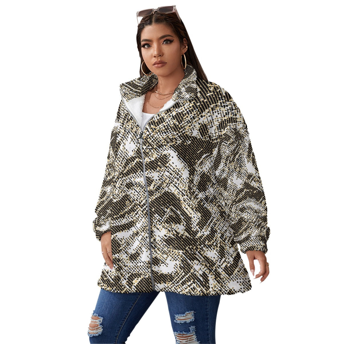 All-Over Print Unisex Borg Fleece Stand-up Collar Coat With Zipper Closure(Plus Size)