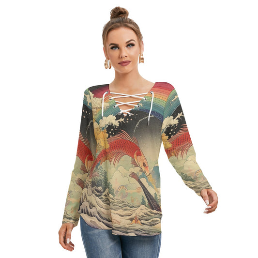 All-Over Print Women's Long Sleeve Neckline Tie Sweatshirt