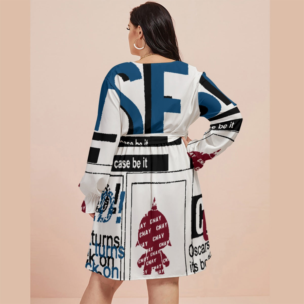 All-Over Print Women's V-neck Dress With Waistband(Plus Size)