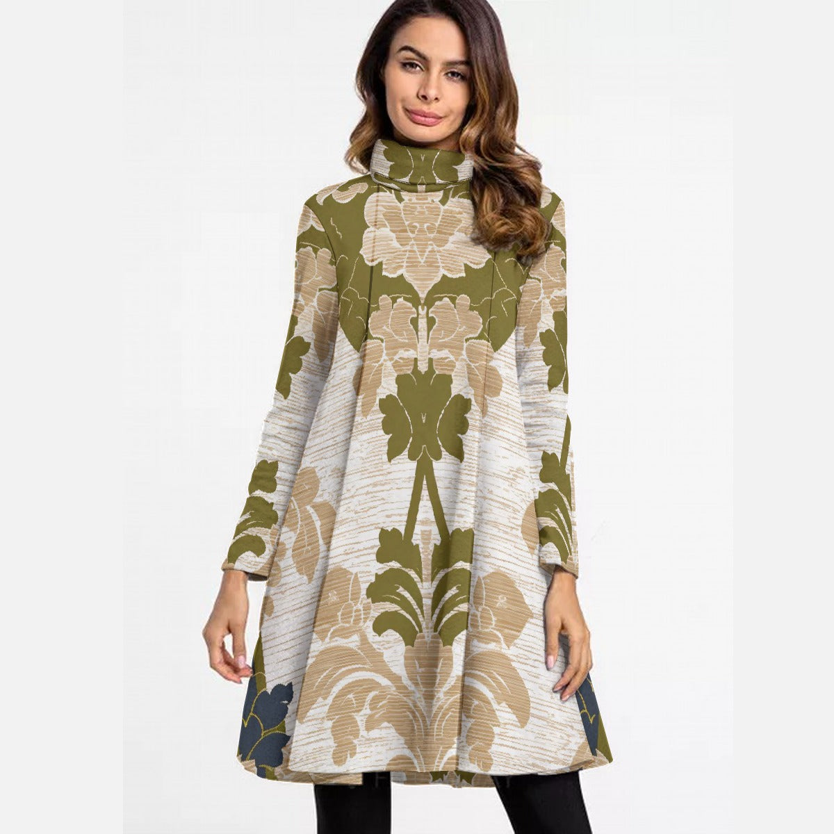 All-Over Print Women's High Neck Dress With Long Sleeve