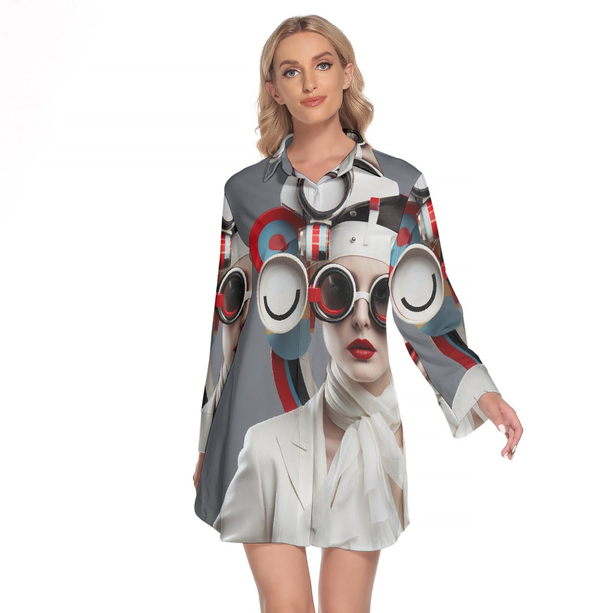 All-Over Print Women's Lapel Shirt Dress With Long Sleeve