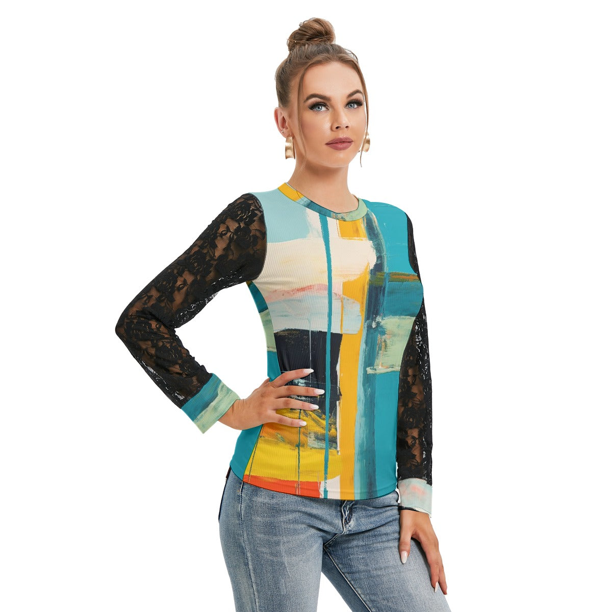 All-Over Print Women's T-shirt And Sleeve With Black Lace
