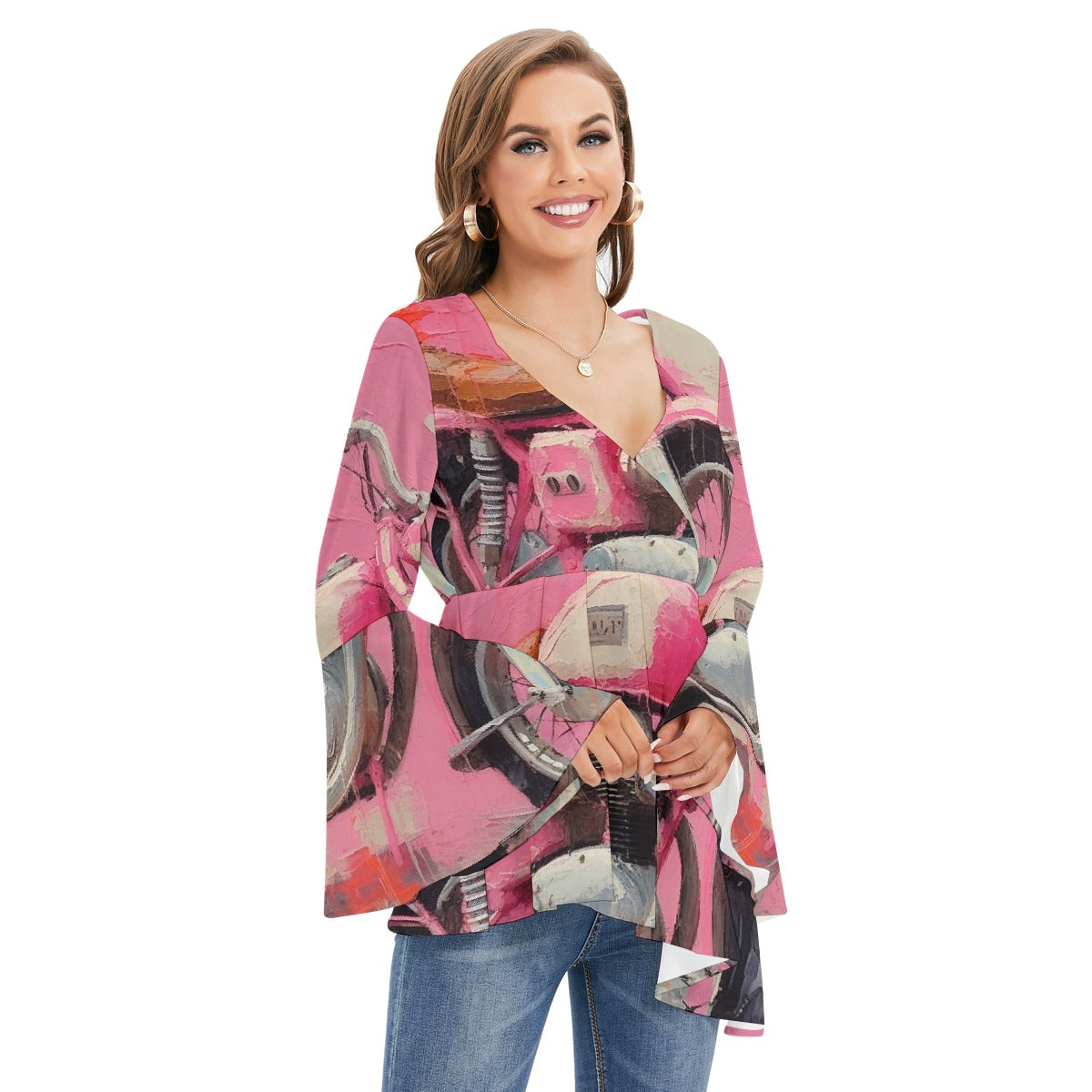 All-Over Print Women's V-neck Blouse With Flared Sleeves