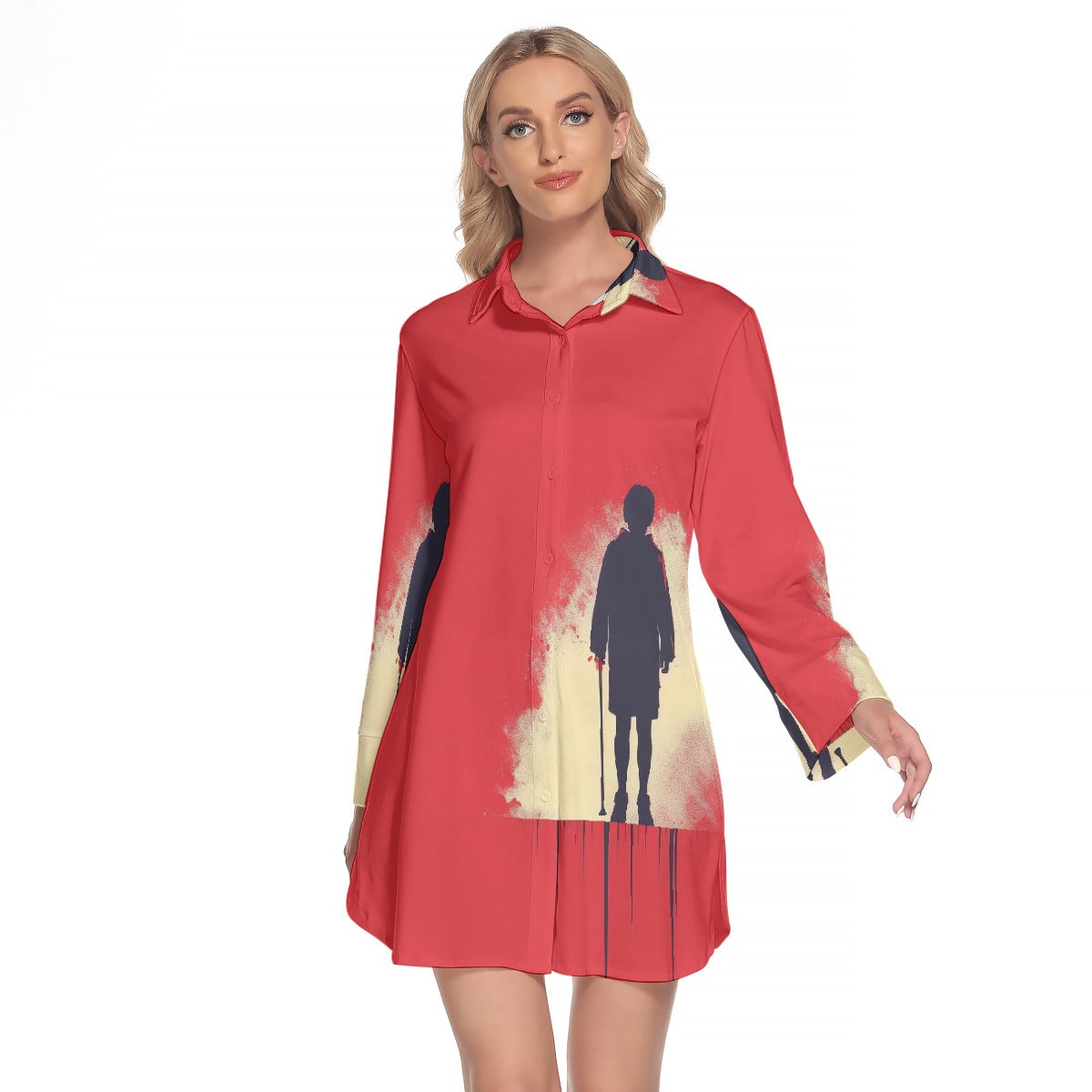 All-Over Print Women's Lapel Shirt Dress With Long Sleeve