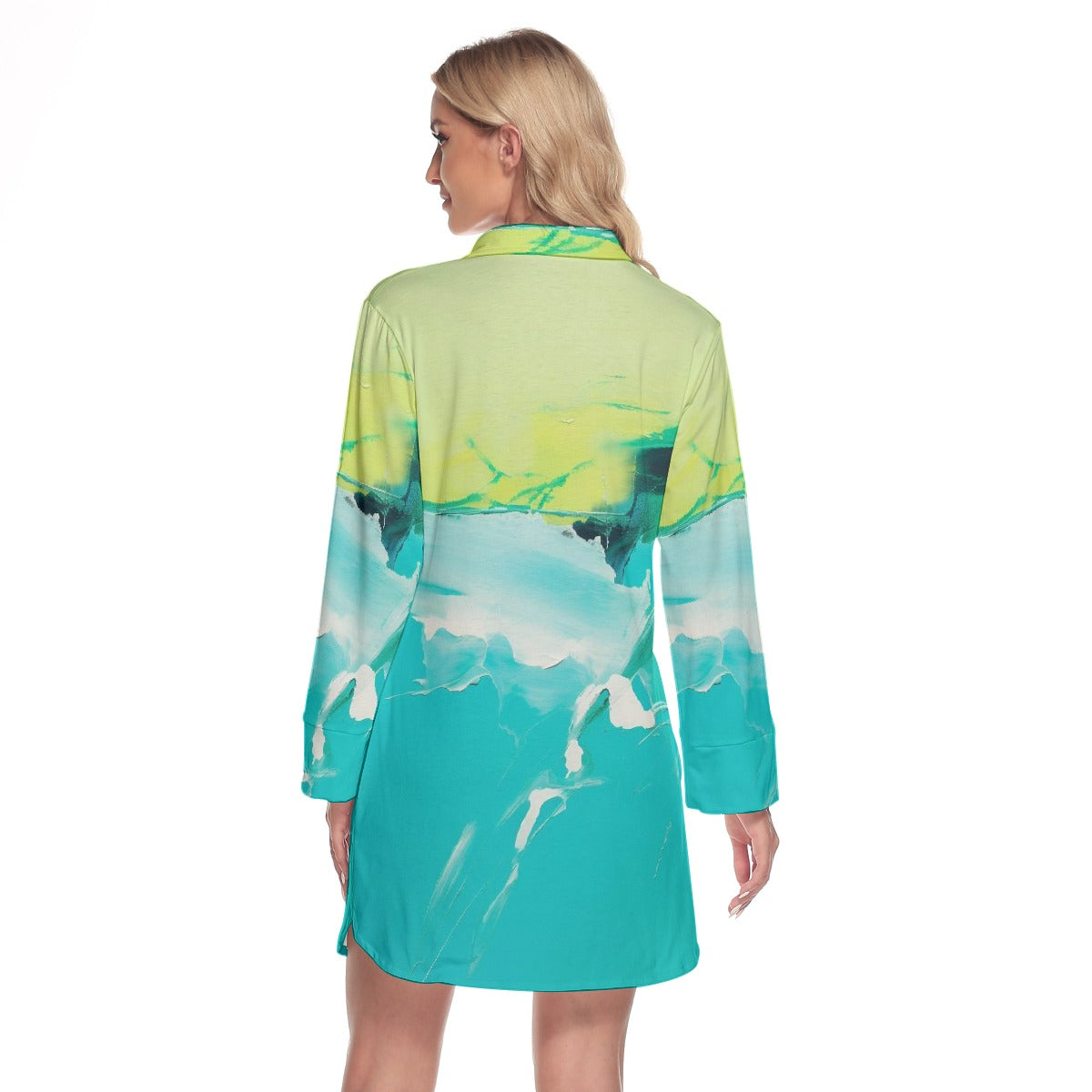 All-Over Print Women's Lapel Shirt Dress With Long Sleeve