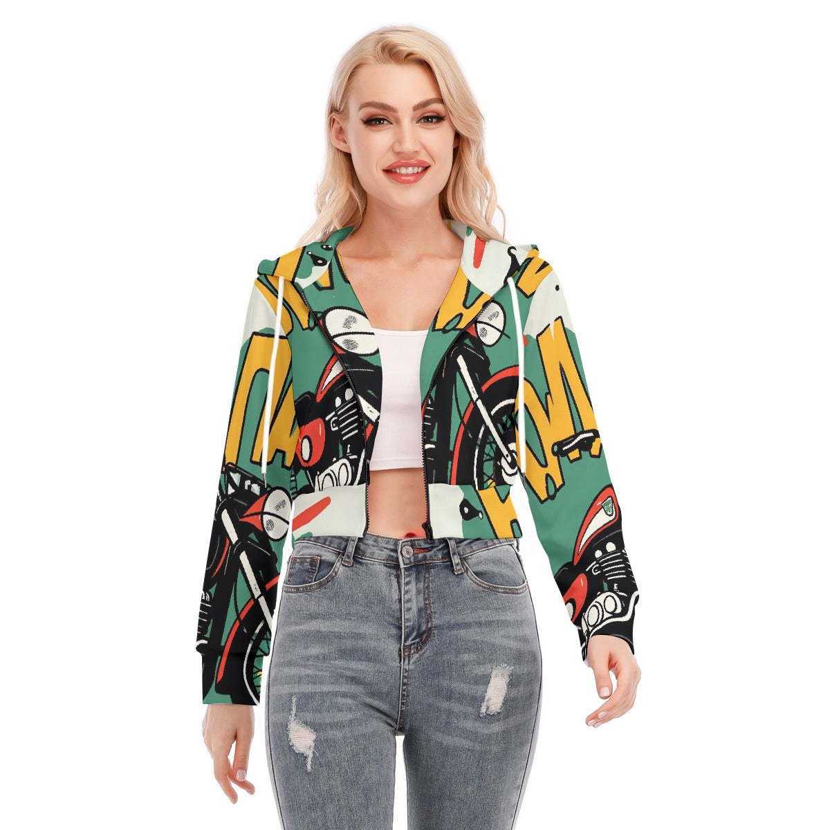 All-Over Print Women's Crop Top Hoodie With Zipper Closure
